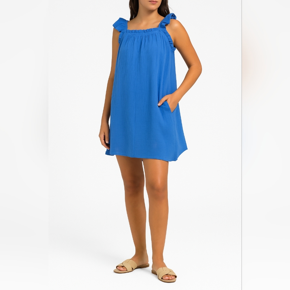 Lush Women’s Blue Cotton Mini Dress – Tie Strap, Pockets, 34”